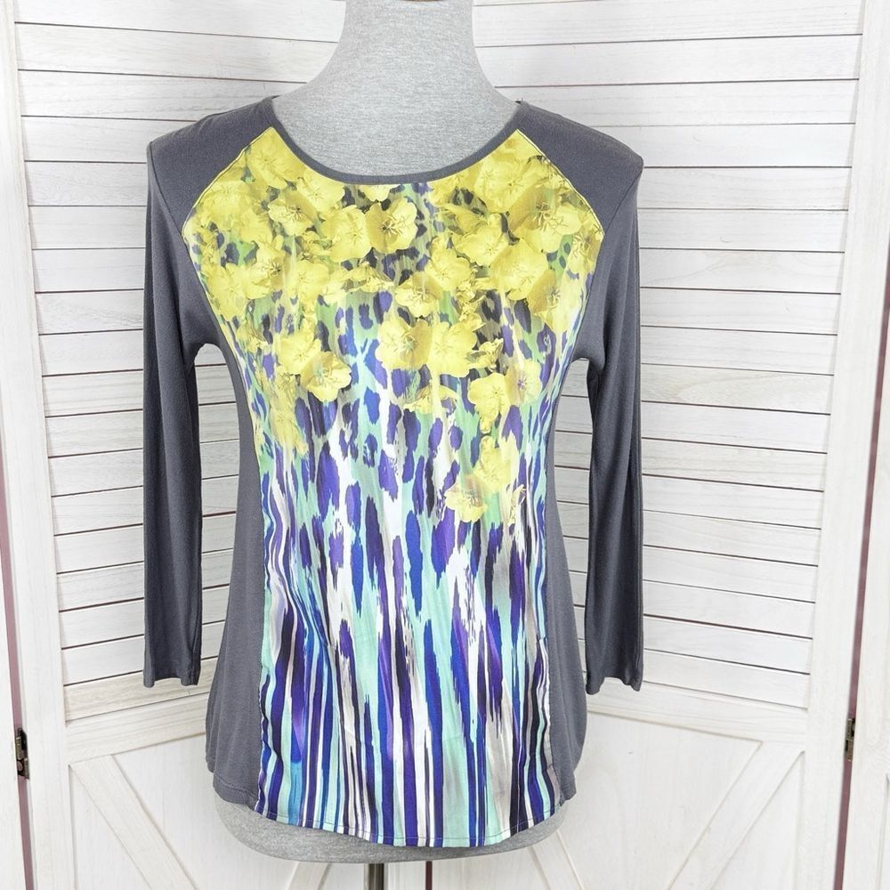 Apt. 9 Floral Mixed Media Panel Shirt Grey Yellow Petite Small